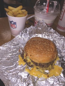 Single cheese burgers from Five Guys as well as fries and bacon vanilla milkshakes are very popular. Bacon is a free add-in to any shake (photo by Grace Kelman).